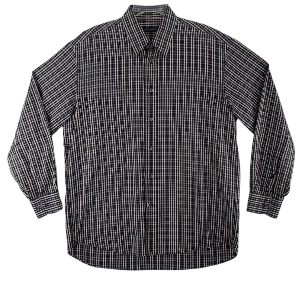 Canali Dress Shirt Mens 42 Black Brown Check Button Down Long Sleeve